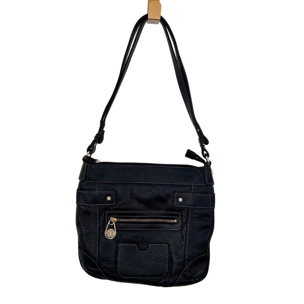 ISAAC MIZRAHI LIVE! BLACK LEATHER ADJUSTABLE HANDLE CROSSBODY PURSE